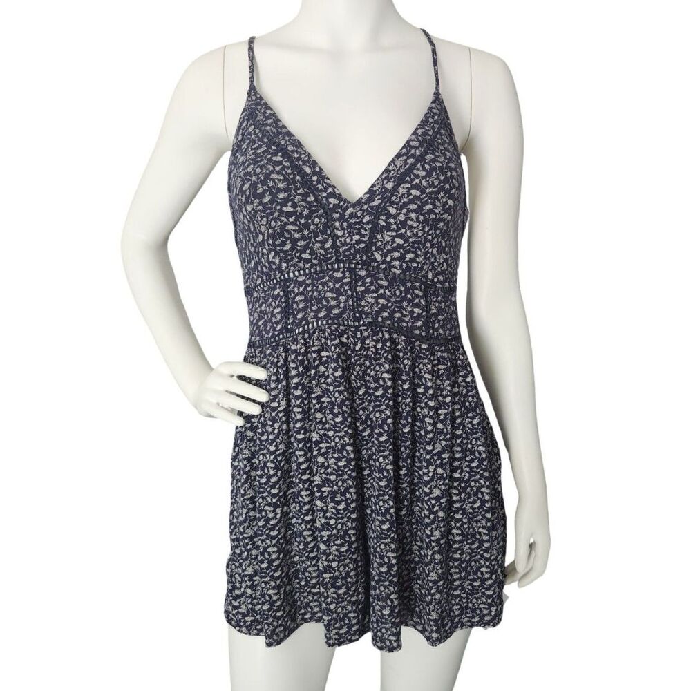 American Eagle Floral Lace Trim Romper Dress Navy Blue Size Medium M